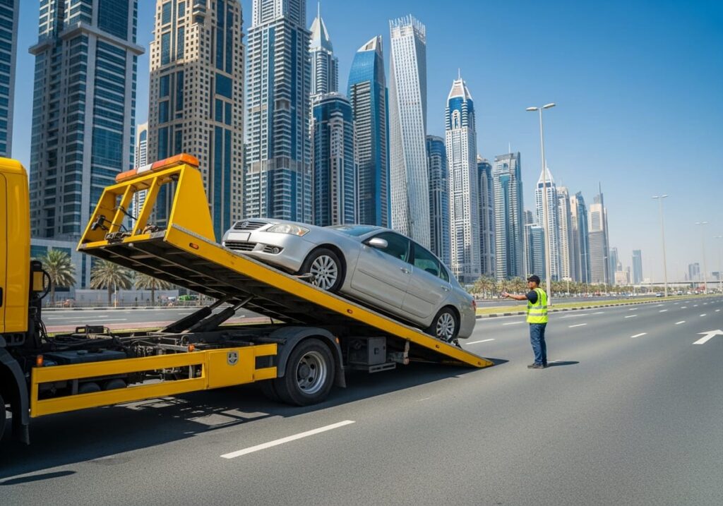 car towing Dubai truck towing a car on highway